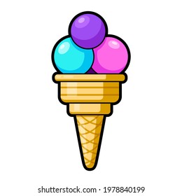 Ice cream scoops in wafer cone cartoon icon. Summer frozen dessert, snack for hot weather. Fruit gelato, sundae in waffle cornet. Vector illustration isolated on white background.