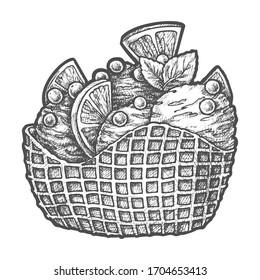 Gouttes de crème glacée en tasse de wafer, création d'images vectorielles d'hachage. Gouttes de crème glacée avec baies, tranches de fruits à l'orange et feuilles de menthe dans un bol à gaufre, une cafétéria et de la gélateria menu de desserts congelés