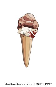 Ice cream scoops in waffle cone isolated on white background vector. Digital illustration.