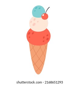 Ice cream scoops in waffle cone with different flavors, toppings and cherry. Summertime, hello summer. Hand drawn vector illustration