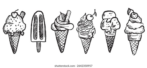 Colheres de sorvete em cone de waffle com cereja em textura de pincelada preta isolada no branco. Ilustração de esboço de vetor desenhado à mão em tinta de carvão vegetal. Picolé, conceito de verão, design de menu