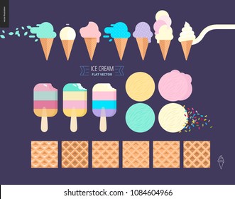 Ice cream scoops in waffle cones set - flat cartoon vector illustration of popsicles, ice creams, vanilla, mint, pink, purple and fruit scoops, waffle paterns, sprinkles, lettering - composition set