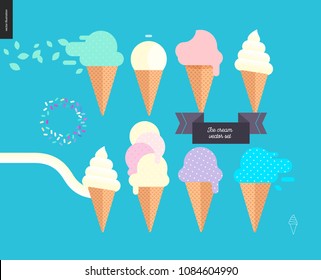 Ice cream scoops in waffle cones set - flat cartoon vector illustration of vanilla, pink, fruit, white, blue, mint and purple ice cream scoops in waffle cones with sprinkles - composition set