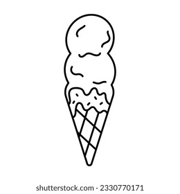Copas de helado en conos de gofre. Icono de línea, estilo de doodle, trazo editable. Postre fresco de estilo minimalista. Icono moderno, trazo editable.