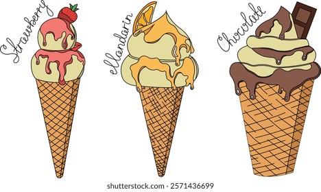 Ice cream scoops in waffle cones. Soft serve ice cream with strawberry, chocolate and tangerine topping. Sweet summer treat. Vector illustration