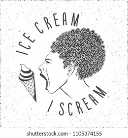 Ice Cream I Scream Logo Lettering with Shouting Woman Face Profile Hot Summer Cure Creative Concept - Black Elements on White Grunge Background - Vector Hand Drawn Design