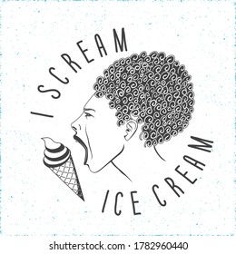 Ice Cream I Scream Logo Lettering with Shouting Woman Face Profile Hot Summer Cure Creative Concept - Black Elements on White Grunge Background - Vector Hand Drawn Design