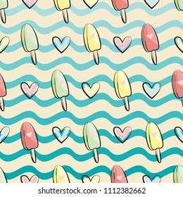 Ice cream and sea, cute seamless pattern. Vector illustration.