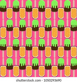 Ice cream seamless background. Retro vector pattern. Tasty colorful summer desert - popsicle, flavored ice or fruit ice lolly. Design for wallpaper, wrapping, fabric, background, apparel, prints