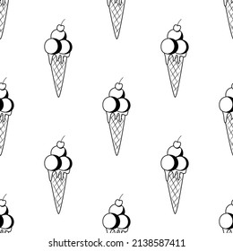Ice cream seamless black and white pattern. Flat vector illustration