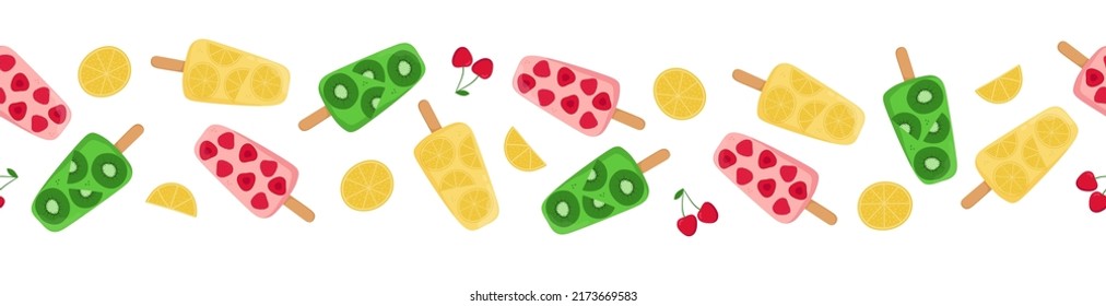 Ice cream seamless border. Fruit popsicle, lemon and cherry pattern. Vector illustration