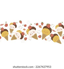 Ice cream seamless border. Fruit popsicle, strawberry and cherry repeat frame. Cute kawaii ice cream summer decorative element. Sweet summer food vector illustration. Cartoon hand drawn sweets.
