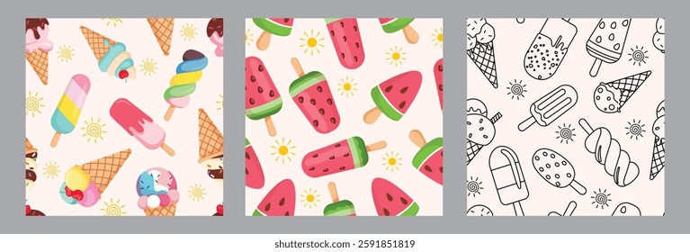 Ice cream seamless drawing clipart set. Popsicle watermelon drawing and outline endless clip art collection for summer wallpaper continuous background vector illustration. 