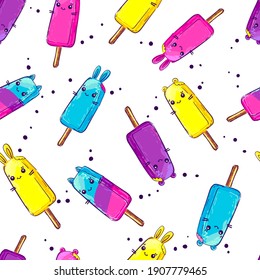 Ice cream seamless ornament for kids textile, girlish clothes, wrapping paper. Cartoon animal sweets repeat print. Funny rabbit, cat, mouse repeated ornament. Cuties pet character set