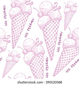 Ice cream seamless pattern background vector. Food design icons hand-drawing elements. Graphic texture for restaurant template.