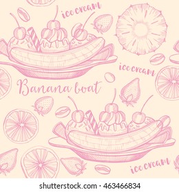 Ice cream seamless pattern background. Food design dessert hand-drawing elements. Graphic texture for restaurant template.