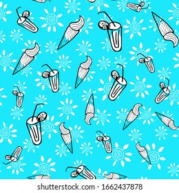 ice cream seamless pattern and beach cocktails in doodle style on minimalistic blue background