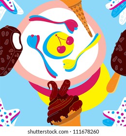 Ice Cream Seamless Pattern With Biscuits and Spoons