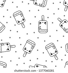 Ice cream seamless pattern black isolated on white background. Kawaii cartoon style illustraion. Vector flat outline icon.