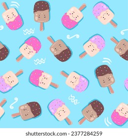 Ice cream seamless pattern in blue background. Ice cream vector illustration background.