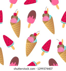 Ice cream seamless seamless pattern. Bright colorful design on white background. Popsicle, waffle cone three balls, frozen watermelon. Cartoon flat style. Fashion print, textile fabric, wallpaper.  