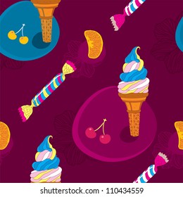 Ice Cream Seamless Pattern With Candy and Fruits