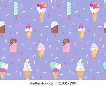 Ice Cream Seamless Pattern. Cartoon Cute Style. Vector Illustration.