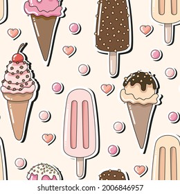 Ice cream seamless pattern. Cartoon cute style. Vector illustration.