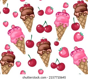 Patrón sin fisuras de helado. Caricatura estilo lindo. Ilustración vectorial. Patrón de conos de helados con fresa y cereza rosa. Patrón de dulces con berry. Para el diseño de tejidos, tejidos y papel pintado