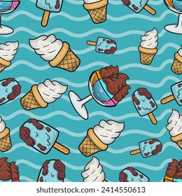 Patrón de Ice Cream Seamless en Estilo de Caricatura. Perfecto para fondo, fondo, fondo de escritorio y embalaje de cubierta. Ilustración vectorial.