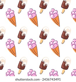 Ice cream seamless pattern in cartoon style. Line art design for textile, grocery store. Vector illustration isolated on a white background.