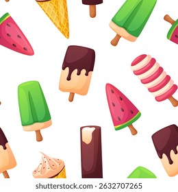 Ice cream seamless pattern. Cartoon sweet creamy dessert on sticks and in waffle cones. Vibrant delicious food print for fabric wallpaper, nowaday vector background