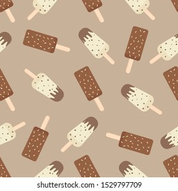 Ice cream seamless pattern. Chocolate dessert on brown background. 