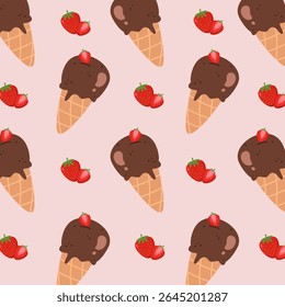 Ice cream seamless pattern. Chocolate ice cream cartoon with strawberry. Can be used for wallpaper, print, paper wrapping and fashion fabric