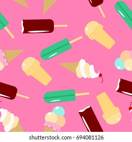 Ice cream seamless pattern. Collection of sweets. Vector illustration on pink background. Waffle cone, fruit ice.