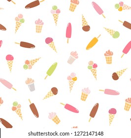 Ice cream, seamless pattern, color, white, vector. Colored flat drawings on a white field. Horn and Popsicle. Vector pattern.  