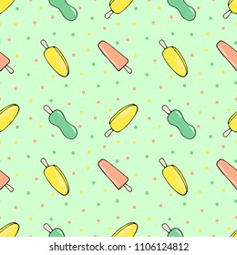 Ice cream seamless pattern. Colorful fruit ice. Background with mint, strawberry and lemon ice cream