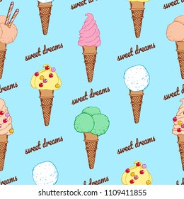 Ice cream seamless pattern, colorful sweet dessert, vector illustration