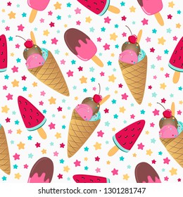 Ice cream seamless pattern. Colorful print design on white background. Popsicle, waffle cone three balls, frozen watermelon. Cartoon style. Summer holidays fashion, surface, kids wallpaper, textile.