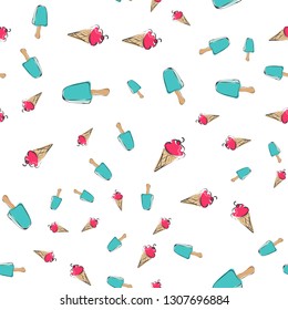 Ice cream seamless pattern, colorful summer background, delicious sweet treats, vector illustration