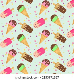 Ice cream seamless pattern. Colorful summer background, delicious sweets. Vector illustration.
