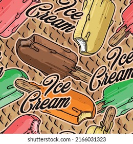 Ice cream seamless pattern colorful vintage summer dessert on stick with icing of different flavors bitten on top vector illustration