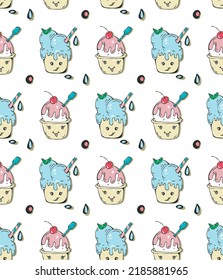 Ice cream seamless pattern. Colorful kawaii cartoon design, hand drawn doodle brush stroke. Summer funny baby style. Transparent background. Vector