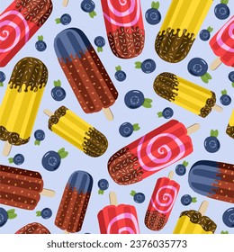 Ice cream seamless pattern. Colorful eskimo with chocolate. Blueberry. Isolated on light blue background.