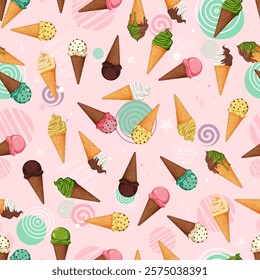 Ice cream, seamless pattern of colorful balls on a soft pink background with stars and circles ice cream in a cone, with different flavors, print for website, advertising, banner, poster, flyer, busin