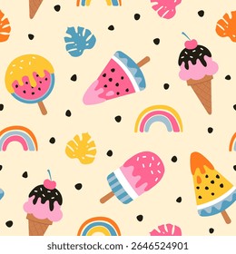 Patrón de helado sin fisuras. Fondo colorido con helado, arco iris y hojas.