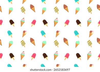 An ice cream seamless pattern with colorful popsicle and cone dessert on white background playful and cheerful design, This vector drawing tools and software, not generated by AI