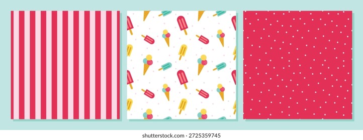 Ice cream seamless pattern. Colorful summer seamless pattern with tropical fruits, ice cream, leaves, Toucan, Flamingo, Flowers, and summer icons Memphis style. Summer seamless vector illustration.