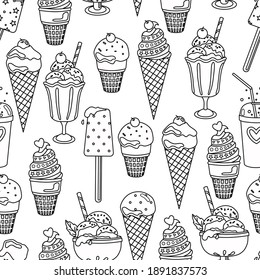 Ice cream seamless pattern. Coloring book for adults and children. Menu design. Vector background.