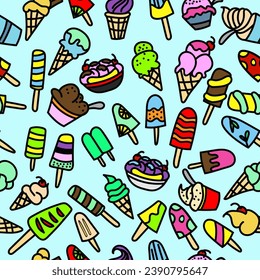 Ice cream seamless pattern. coloured ice cream doodle seamless pattern. ice cream doodle background. cute seamless pattern with hand drawn ice cream.